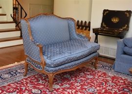 $400 - Vintage Carved Wood Settee - Blue Upholstery with Stars