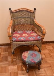 Bamboo & Wicker Armchair, Vintage Footstool