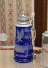 Cobalt Blue Glass Beer Stein with Eagle