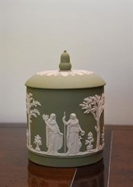 $400 - Wedgwood Green Jasperware Lidded Jar with Acorn Finial