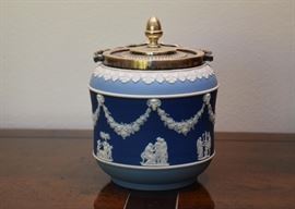 $250 - Wedgwood Tricolor Blue Jasperware Biscuit Barrel with Swing Handle