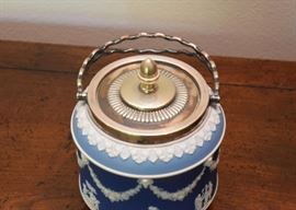 $250 - Wedgwood Tricolor Blue Jasperware Biscuit Barrel with Swing Handle