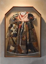 $150 - Handmade Crazy Quilt Children's Dress & Hat in Shadow Box (Approx. 24" L x 33.75" H)