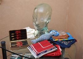 Glass Hat Stand, Scarves & Hankies