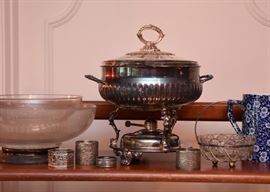 Silverplate Chafing Dish, Glass Serving Bowls, Napkin Rings
