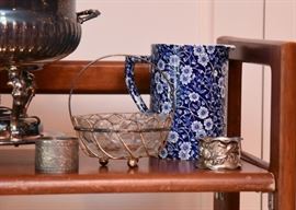 Blue & White Ceramic Pitcher, Glass Basket Bowl, Napkin Rings