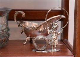 Silverplate Gravy Boat, Figural Napkin Ring 