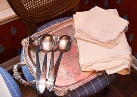 Silverplate Serving Tray, Salad Utensils, Table Linens