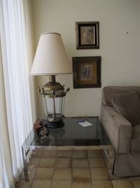 Thaddeus art work, lantern lamp, mid century modern table