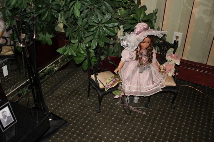 Plants and Quality Doll and Chair with Fireplace Tools