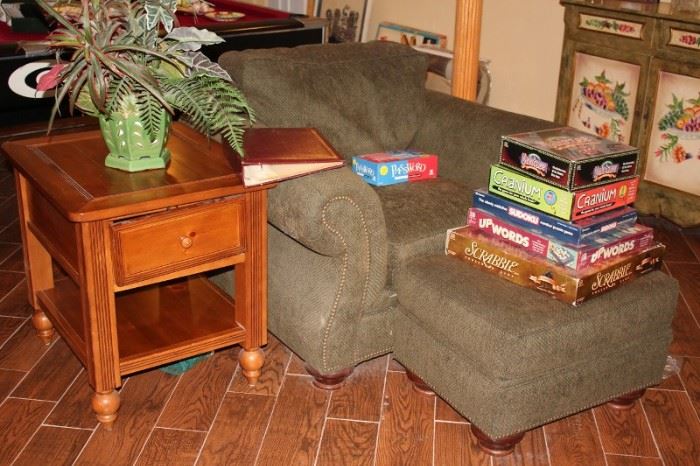 Games, Club Chair, Potted Prayer Plant and Side Table with Single Drawer and other Decorative 