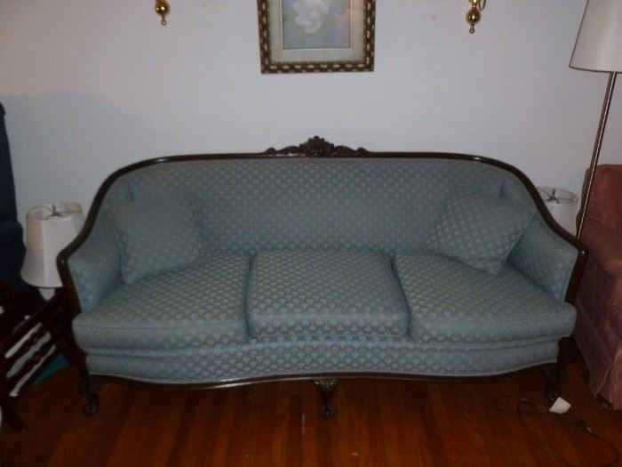 Beautiful antique sofa w/carved back and ball & claw feet