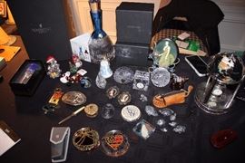 Swarovski, Waterford - deccanter & Yankees paperweights, Jay Strongwater frame....