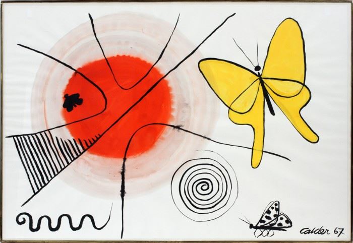ALEXANDER CALDER (AMERICAN, 1898–1976), GOUACHE & INK ON PAPER, 1967, H 29 1/4", W 43", "YELLOW BUTTERFLY AND SUN"
Lot # 2030  