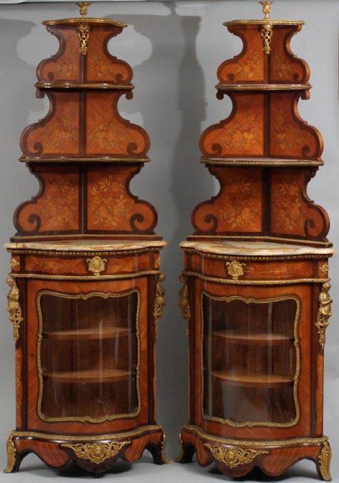 FRENCH NAPOLEON II MARQUETRY AND BRONZE CORNER CABINETS, PAIR, H 80" W 29.5", D 15.5"
Lot # 2055 