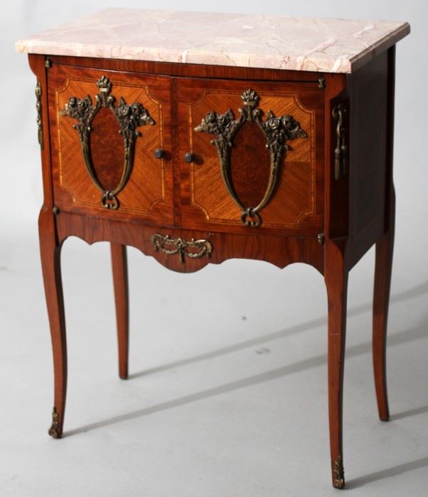 FRENCH MARBLE TOP, WALNUT, FRUITWOOD COMMODE, 19TH C., H 29", L 22.5", DIA 13.5"
Lot # 2056 