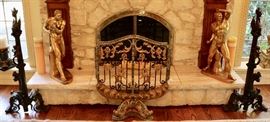 Gilt Bronze, Iron & Granite Fire Screen, Massive Bronze Dragon Andirons, Gilt Bronze Figures
