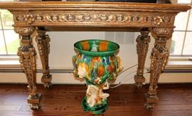 Marble Top Gilt Wood Table, Majolica Planter