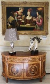 Oil on Canvas after Georges de la Tour "The Cheat With the Ace", Silver Plated Horse Sculpture, Inlaid Demi-Lune Cabinet