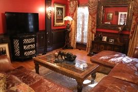 Magnificent Leather Sectional, Carved Wooden Door Coffee Table