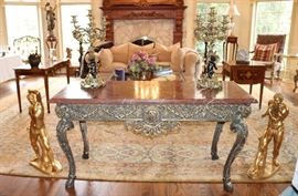 Iron & Marble Table, Gilt Bronze Rococo Wrestlers, Pair of 19th c. Candelabra