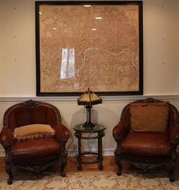Pair Cowhide Club Chairs, Map of London