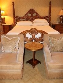 Kind 4 Post Bed, Pair Club Chairs