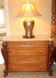 Pair Marble Top Chests with Lion Carvings