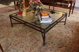 Iron and Glass Coffee Table, Handknotted Room Size Rug