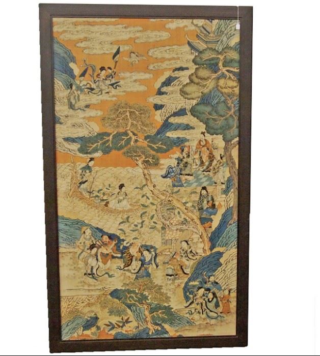 19th C. Kesi Immortals Panel,  Qing dynasty.
Pictorial scene of Daoist immortals  on Penglai Island, featuring  Xiwangmu, Magu & Kuixing.  Measures 40 1/4" x 69" -  Woven in slit-weave technique . Three wear spots towards the top, some missing areas on the bottom. 