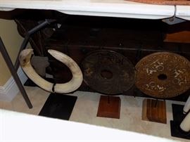 Jade Bi-Discs, Pair of Boar Tusks on Stand