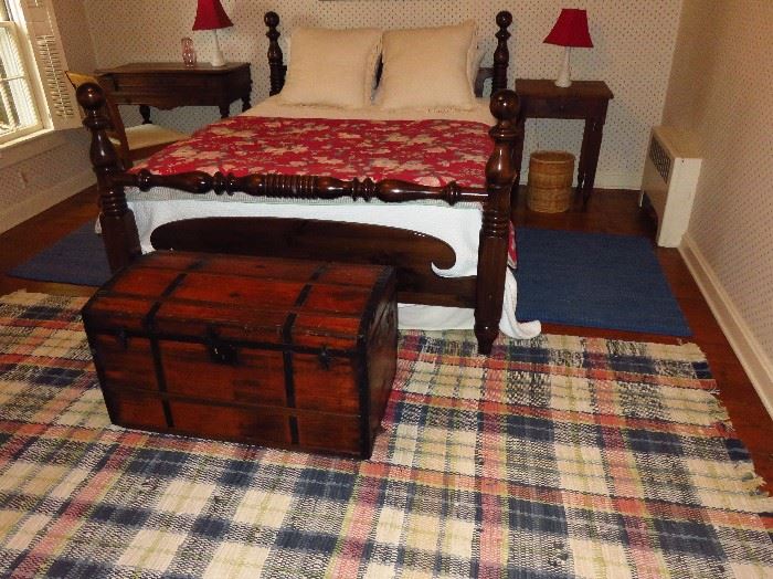 Pottery barn plaid rug, old chest, Ethan Allen queen size poster bed