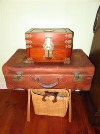 Antique Brooks Brothers leather trunk, antique wood jewelry box