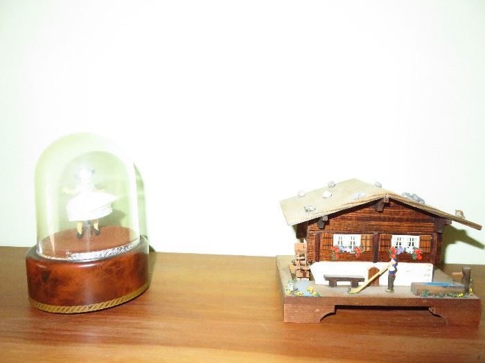 Reuge swiss movement ballerina music box (left), Bavarian style music box