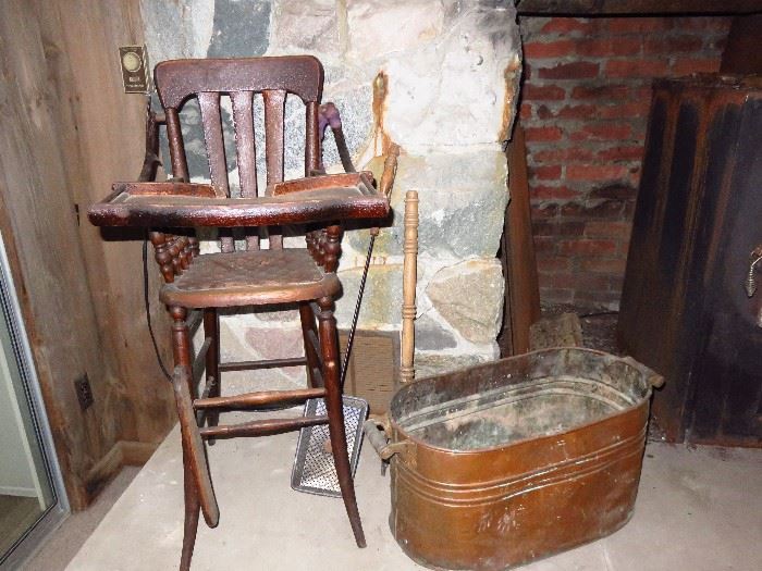 Antique high chair & copper tub
