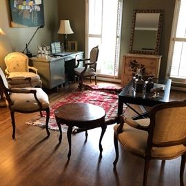 Vintage desk, pottery Barn Kim rug 8x10, French chairs , antiques