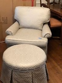 Custom covered light blue chair and ottoman
