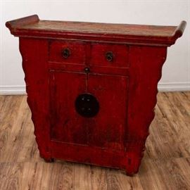 RED ASIAN CONSOLE CABINET TABLE W/ 2 DRAWERS