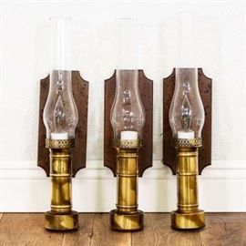 SET OF 3 CANDELABRA BRASS SCONCES W/ HURRICANE GLASS