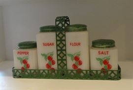 Milk glass condiment set with cherry design