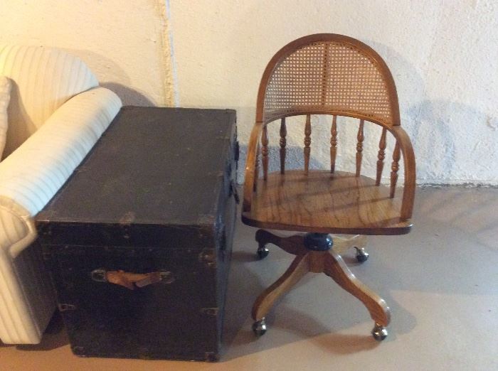 MID CENTURY RATTAN OFFICE CHAIR AND AN ANTIQUE TRUNK