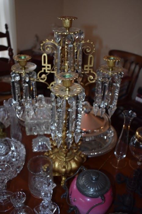 Lovely Antique 5 Candle Crystal Table Top "Prismed" Chandelier with Brass Accents and Footed Base. 