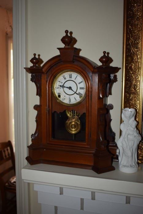 Beautiful Antique Mantle Clock featuring a carved wood case adorned with finials plus Art Nouveau Style Vase 