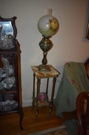 Gorgeous Ornate Antique Oil Lamp with very Beautiful Brass Base and Bowl topped with a Gone With the Wind style Globe. Plus Lovely Brass and Marble Antique Fern/Lamp Stand