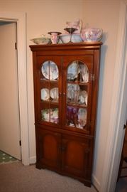 Beautiful Antique Corner China Cabinet loaded with China and Glassware and Adorned with a Gorgeous matching Antique Pitcher and Bowl Set, Sterling Nut Bowls and More!