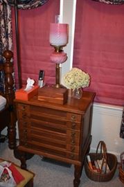 Gorgeous Banquet Lamp with Swirl Pattern and Beautiful Pink and White Coloring - Also an Antique 6 Drawer Cabinet - Beautiful!!!!