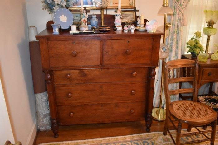 Beautiful all original Antique Chest featuring 5 Drawers, Wooden Pulls and Carved Legs, also a Rush Seated Chair, Small Occasional Table, Beautiful Lamps and Much More can be seen here!