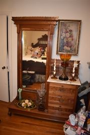 Rare and Unique Antique Dresser in Eastlake Style Featuring Full Length Mirror with Marble Top Side Dresser with 3 Drawers and Beautiful Burled Front. Also Still Life Oil Painting on Wall plus Beautiful Antique Banquet Lamps