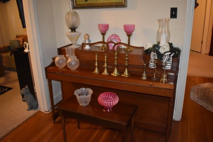 Beautiful Acrasonic Console Piano Adorned with a Gorgeous Art Glass Lamp, Candle Holders with Glass Shades, Silver Candlesticks, Collectible Glassware and More!
