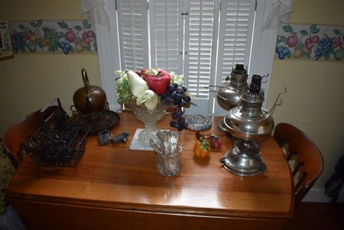 Antique Oil Lamps atop Drop Leaf Table and more!